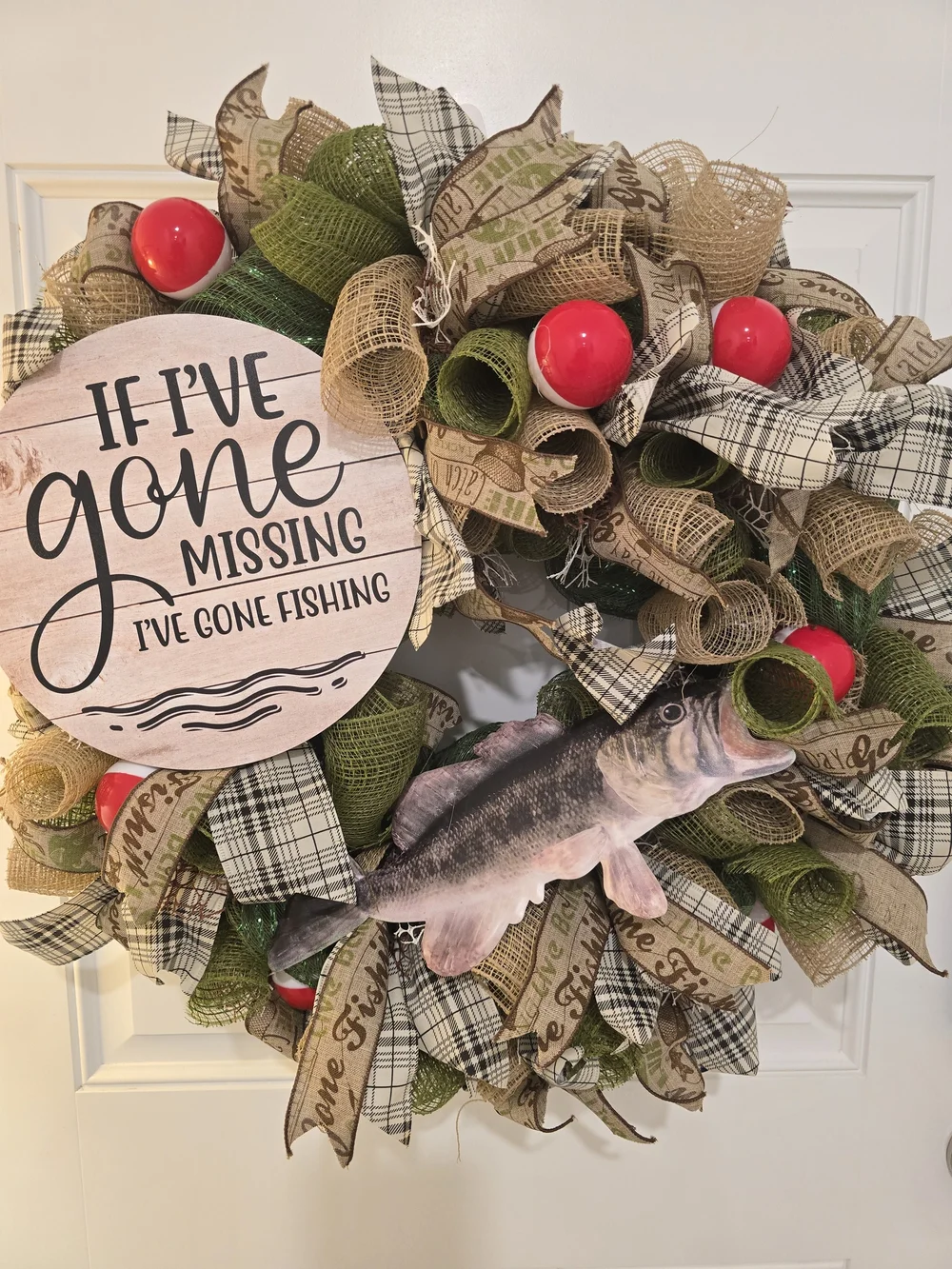 If I've Gone Missing I've Gone Fishing Wreath - Green and Red